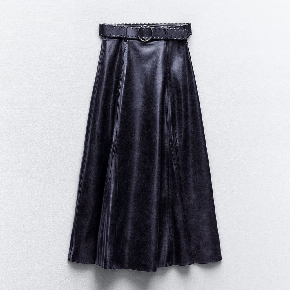 Zara Black Faux-Leather Midi Skirt with Round-Buckle Belt